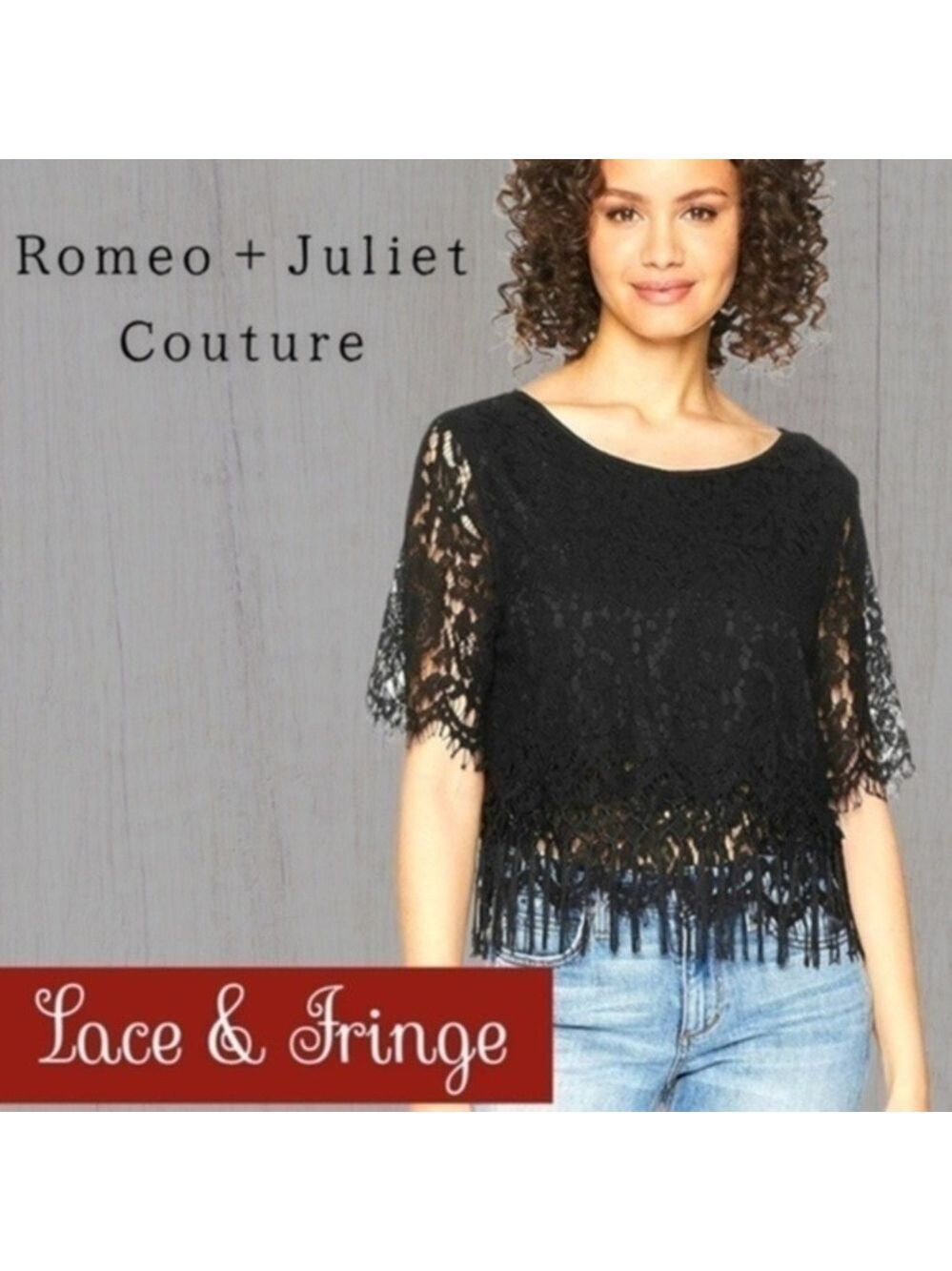 ROMEO & JULIET COUTURE Black Floral Lace and Fringe Top NWT/Lg